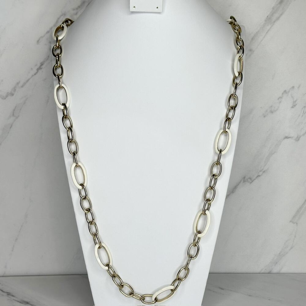 Gold Tone and White Long Chain Link Necklace